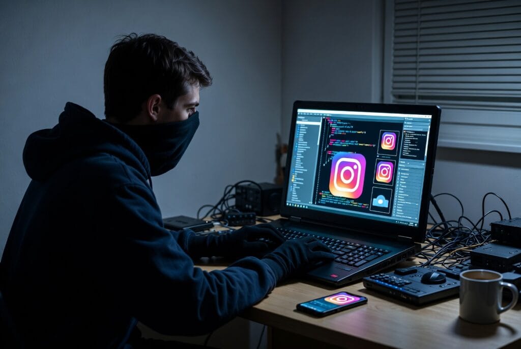 A person viewing a smartphone screen showing an Instagram direct message log and a separate private monitoring dashboard on a laptop