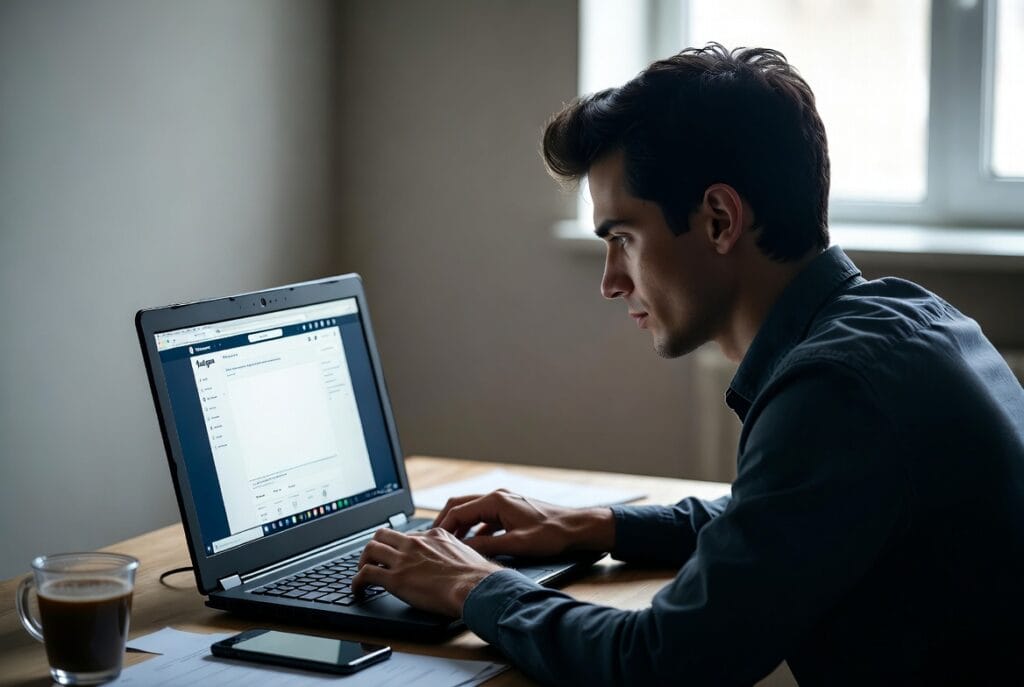 A person viewing a smartphone screen showing an Instagram direct message log and a separate private monitoring dashboard on a laptop