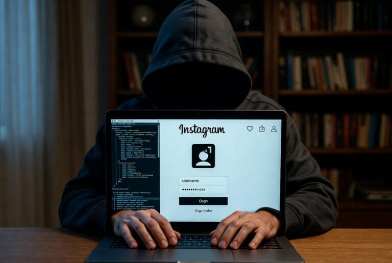 A person viewing a smartphone screen showing an Instagram direct message log and a separate private monitoring dashboard on a laptop