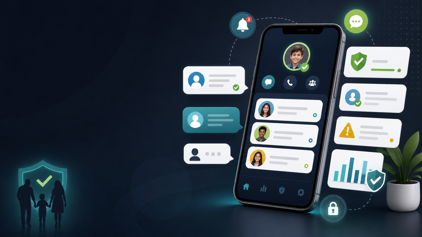 AI generated message safety monitoring visual for Facebook and phone activity
