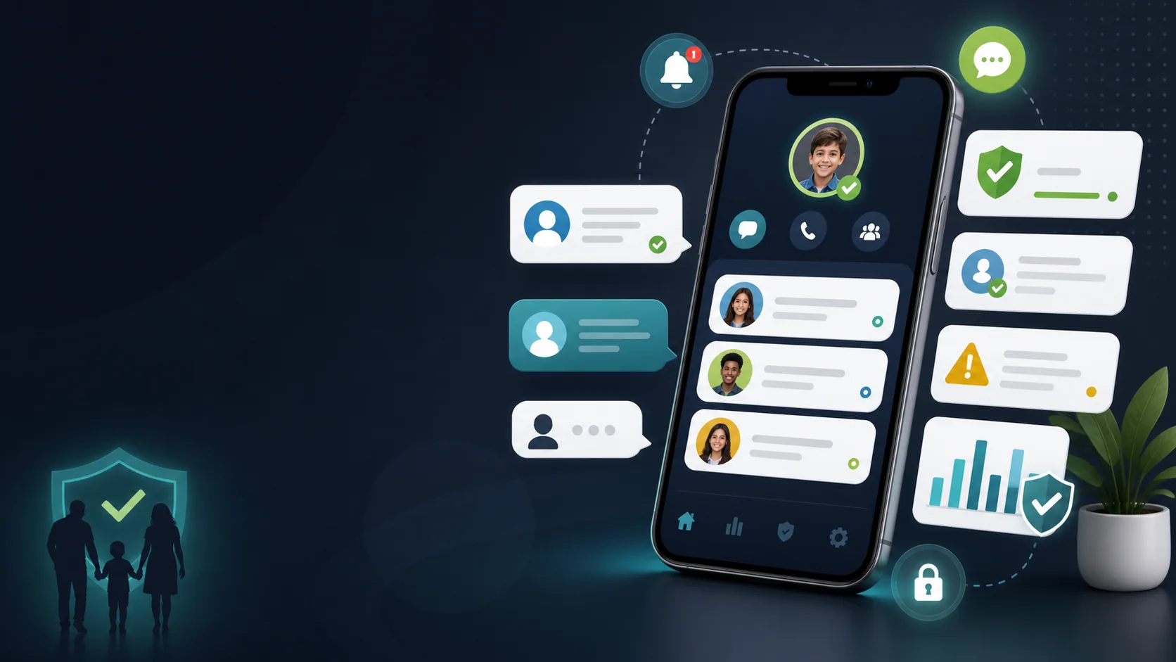 AI generated message safety monitoring visual for Facebook and phone activity