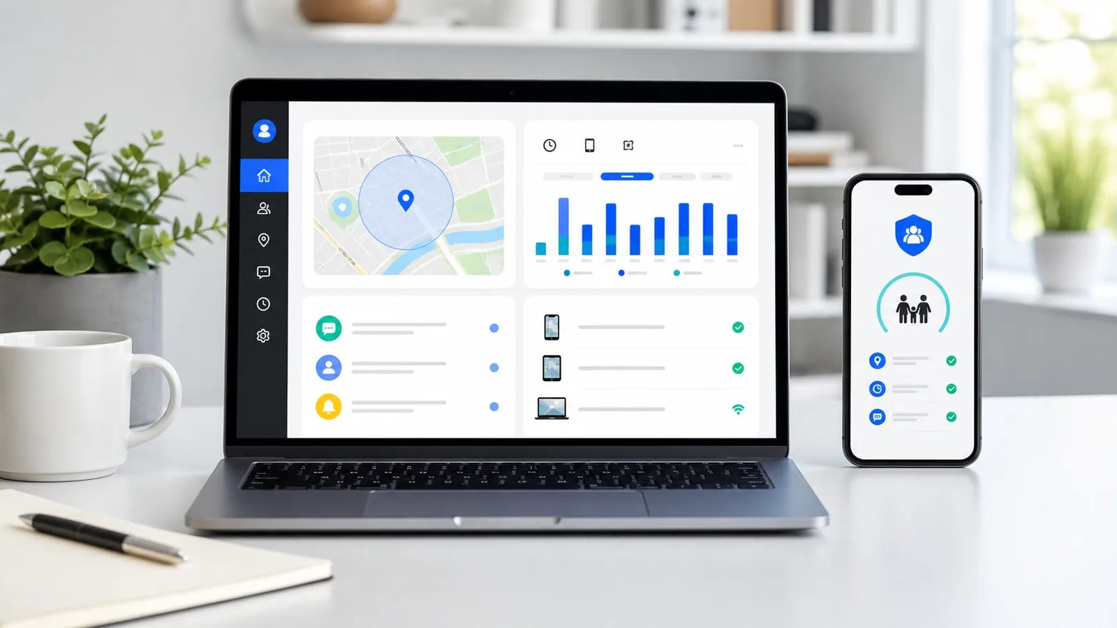 Family phone monitoring dashboard shown on a laptop and smartphone for an mSpy review