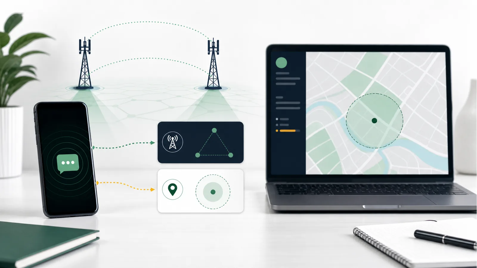 Phone connected to cellular towers beside a dashboard showing an approximate location area