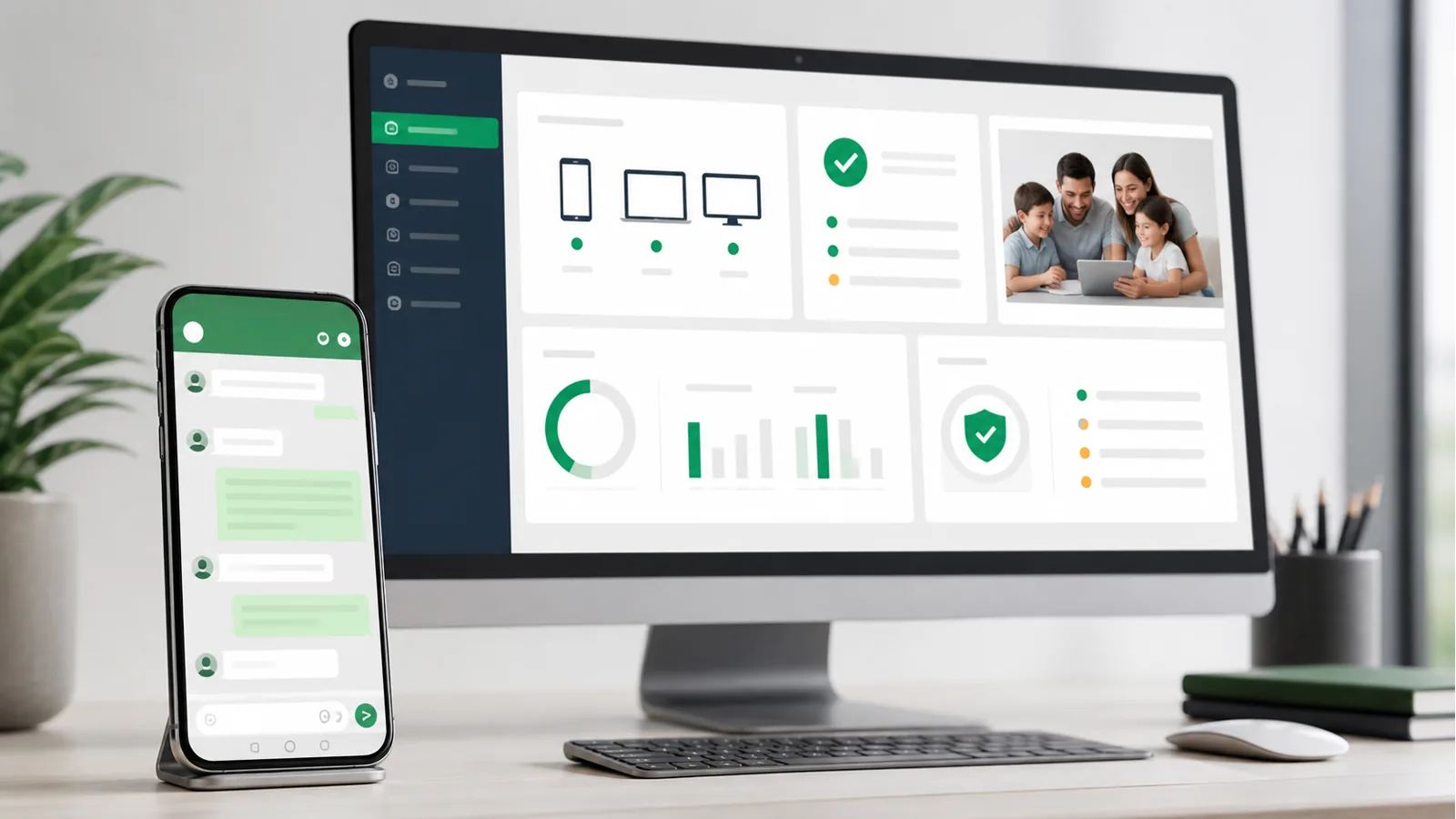 How to Hack WhatsApp? Legal Recovery, Linked Devices, and Apps 2 Phone messaging screen beside a family monitoring and linked-device security dashboard