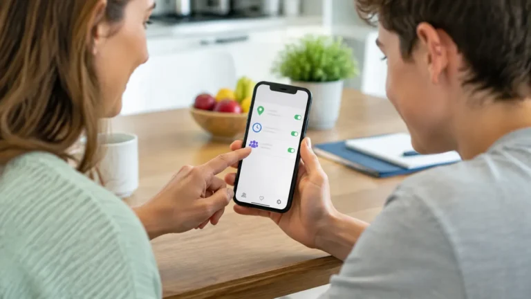 Parent and teenager configuring authorized iPhone family monitoring together