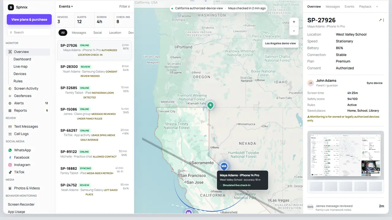 Sphnix dashboard presented as an mSpy alternative with device and location views