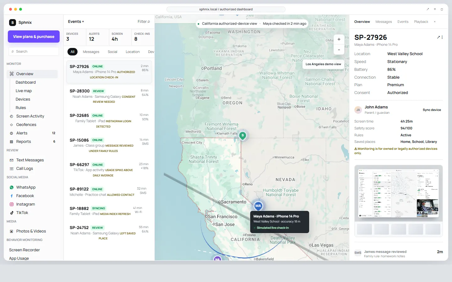 How to Spy on iPhone: What Actually Works in 2026 1 Sphnix authorized iPhone monitoring dashboard with messages, calls, location, alerts and reports