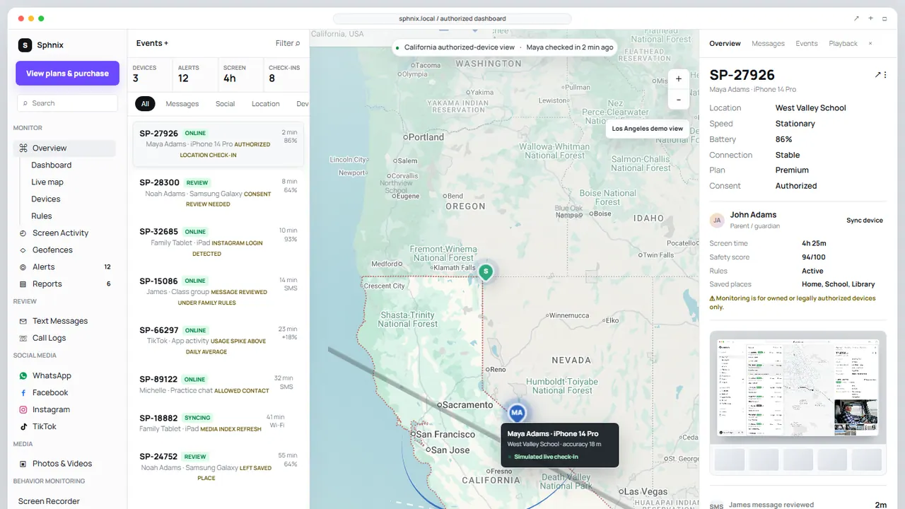 Sphnix location dashboard demo with device list, map pin, check-in details and reporting controls